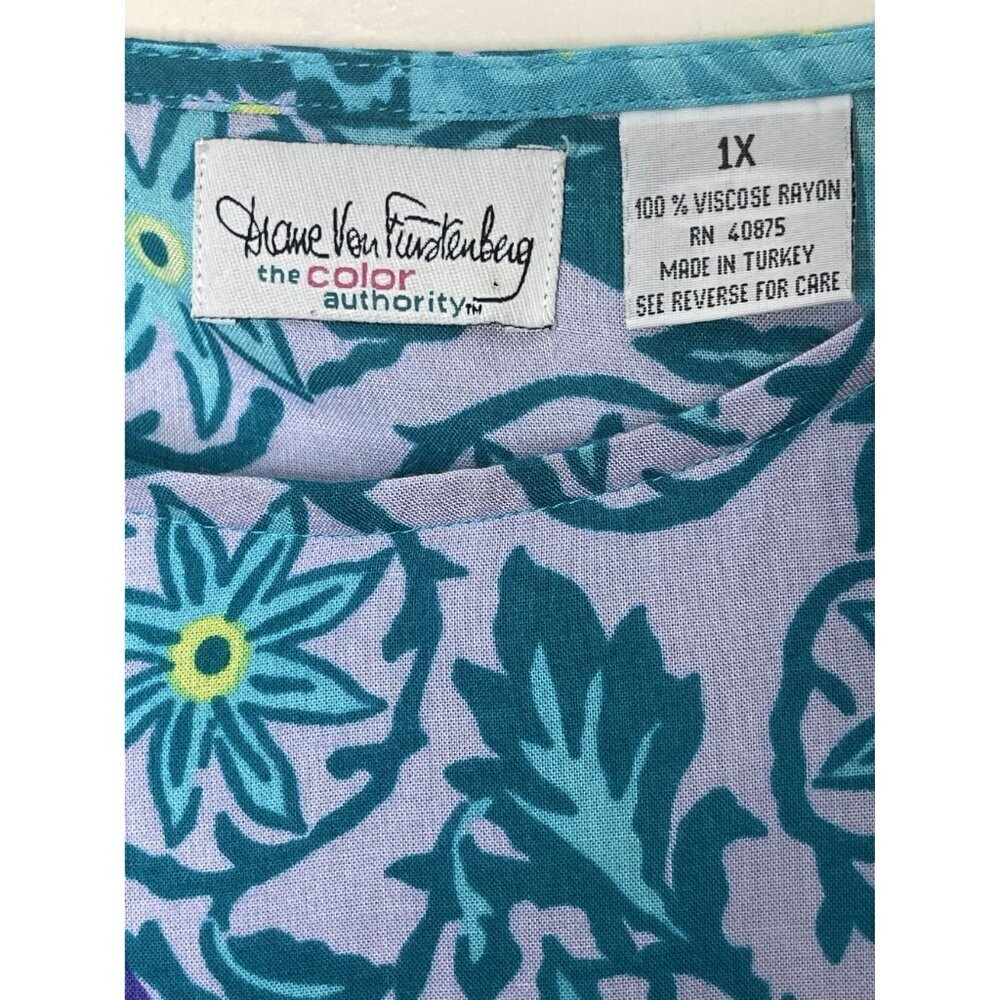 Diane Von Furstenberg DVF Teal/Purple Print Sleeveless‎ Top Size 1X 100% Viscose - Picture 5 of 9